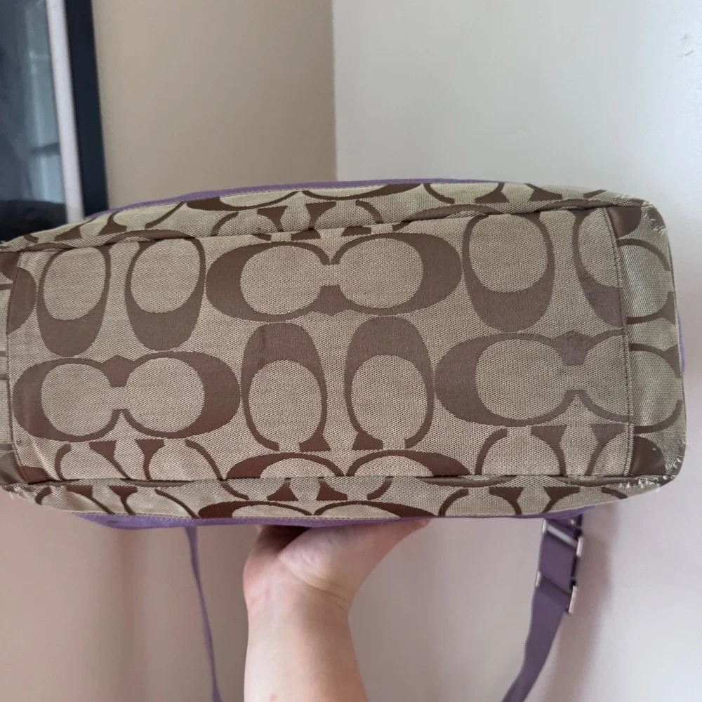 Coach Signature Brown Canvas Purple Trim Diaper Bag Tote F17443
